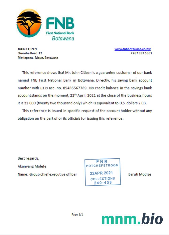 Botswana FNB Botswany przykład odniesienia w formatach Word i PDF